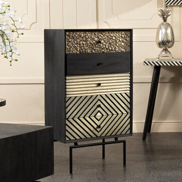 Boho Brown Mango Wood 5 Drawer Chest with Diamond Pattern