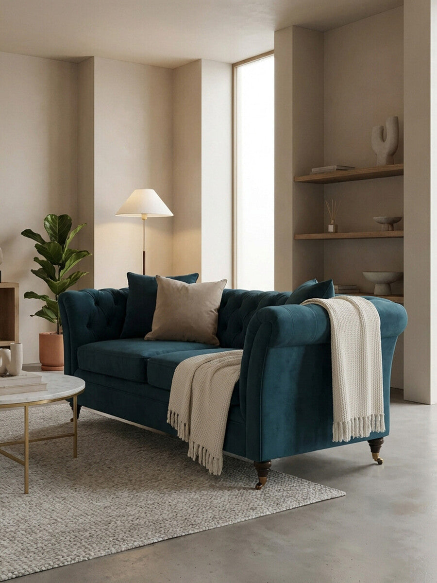 Sabrina Midnight Blue Velvet Button Tufted 2 Seater Sofa