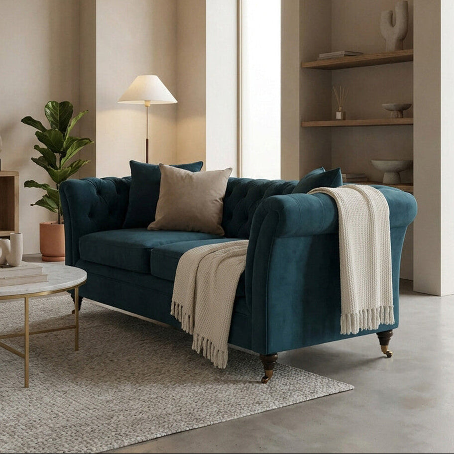 Sabrina Midnight Blue Velvet Button Tufted 2 Seater Sofa