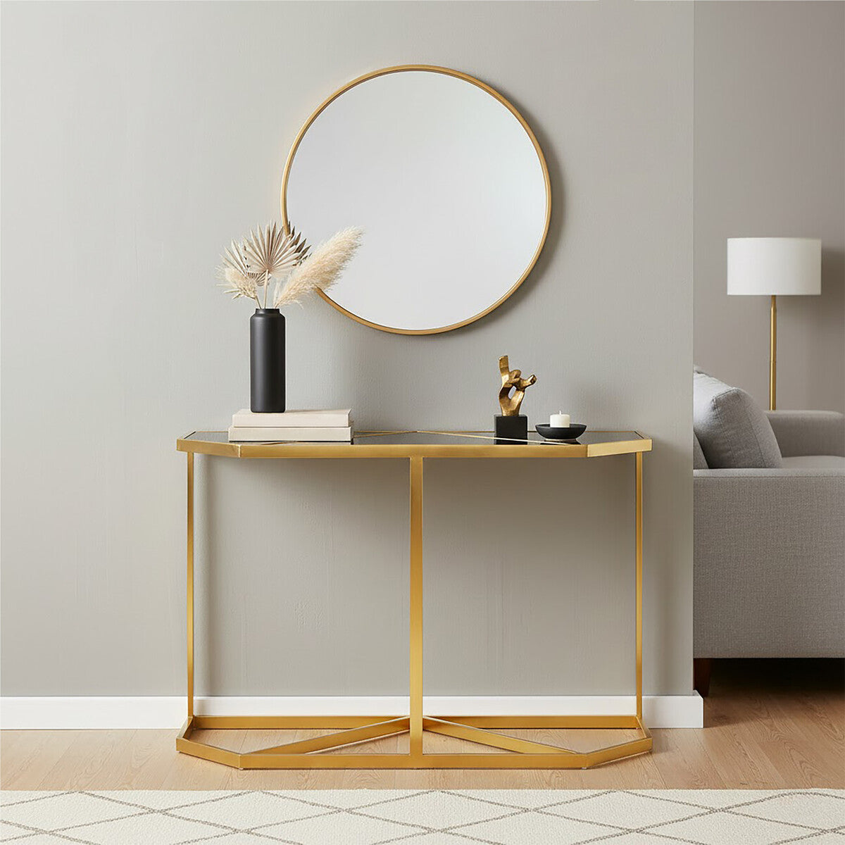Horizon Black Glass and Gold Finish Console Table