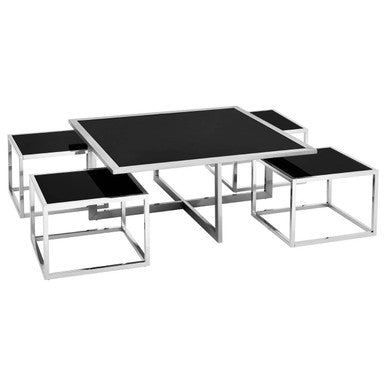 Horizon Black Glass and Silver Finish Set of 5 Nesting Coffee Tables