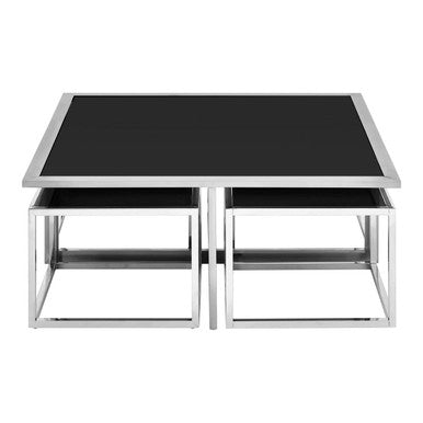 Horizon Black Glass and Silver Finish Set of 5 Nesting Coffee Tables