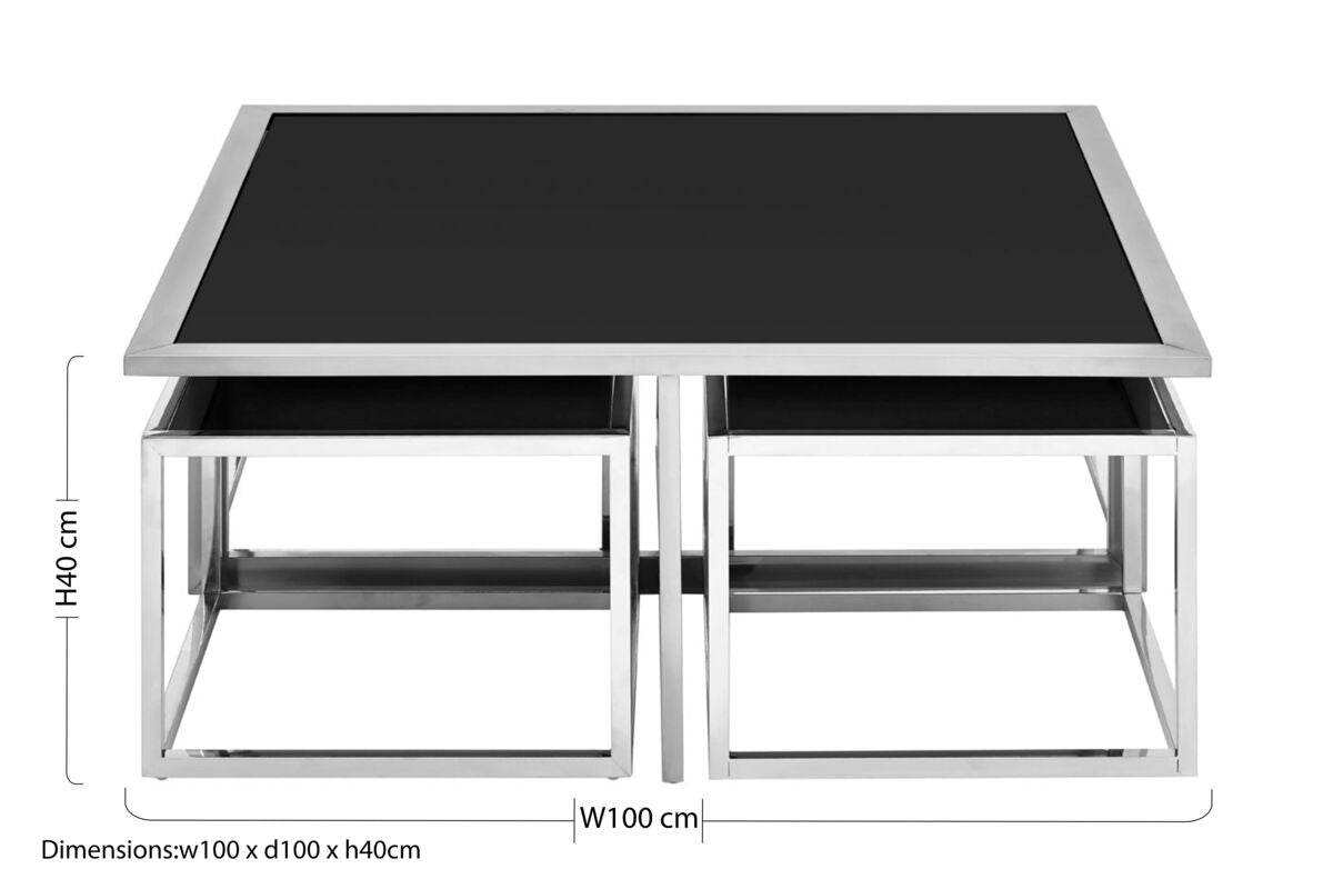 Horizon Black Glass and Silver Finish Set of 5 Nesting Coffee Tables