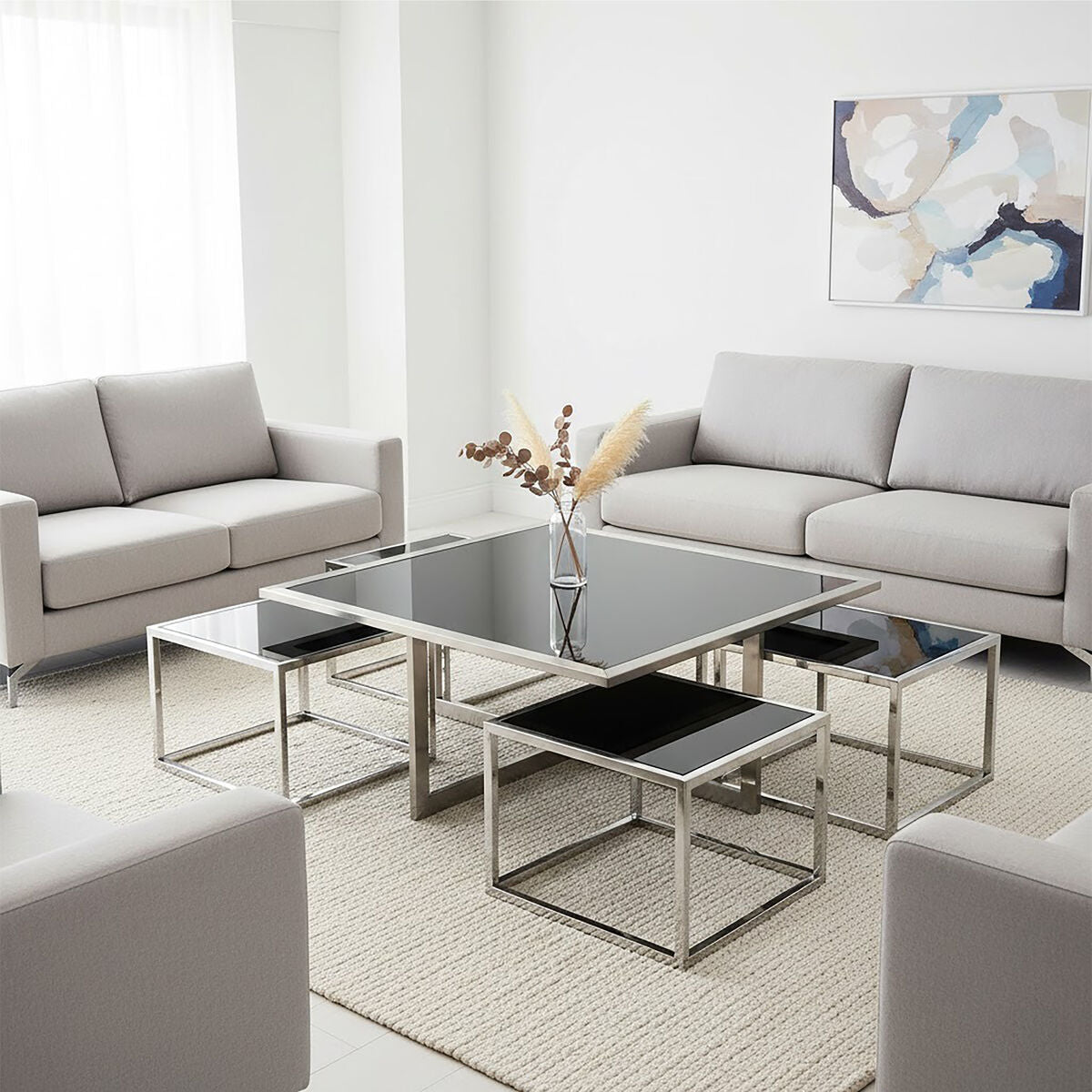 Horizon Black Glass and Silver Finish Set of 5 Nesting Coffee Tables