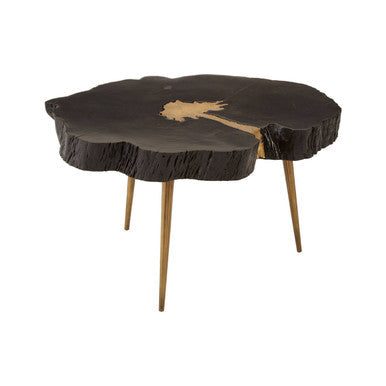 Black Acacia Wood Live Edge Coffee Table with Gold Finish Legs