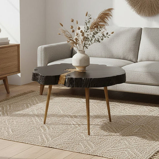 Black Acacia Wood Live Edge Coffee Table with Gold Finish Legs