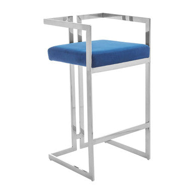 Azalea Blue Velvet Bar Chair with Silver Finish Frame