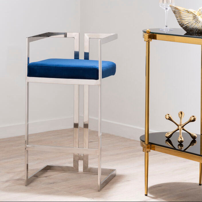 Azalea Blue Velvet Bar Chair with Silver Finish Frame