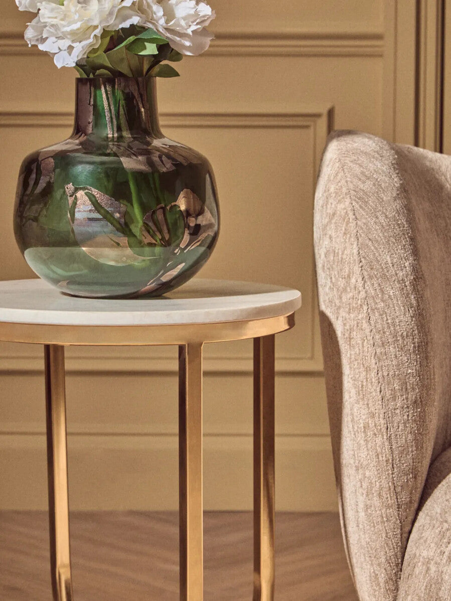 White Marble Tops Round Side Tables with Gold Finish Metal Frame | Templar