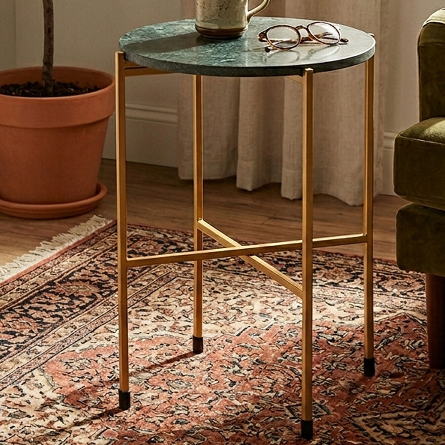 Templar Green Marble and Gold Finish Large Side Table
