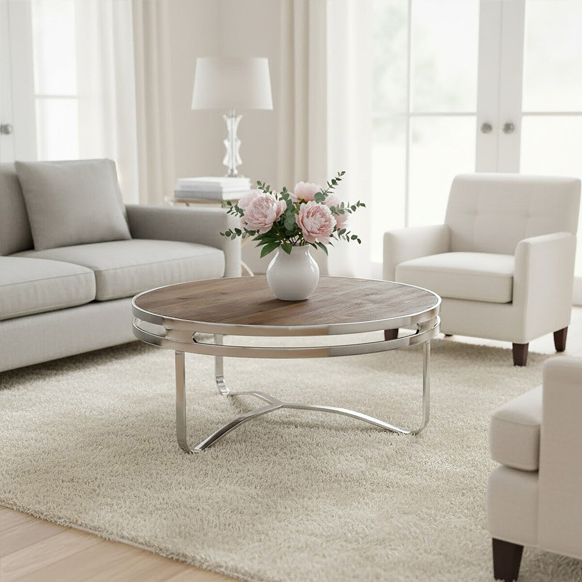 Richmond Natural Wooden Round Coffee Table with Silver Finish Base