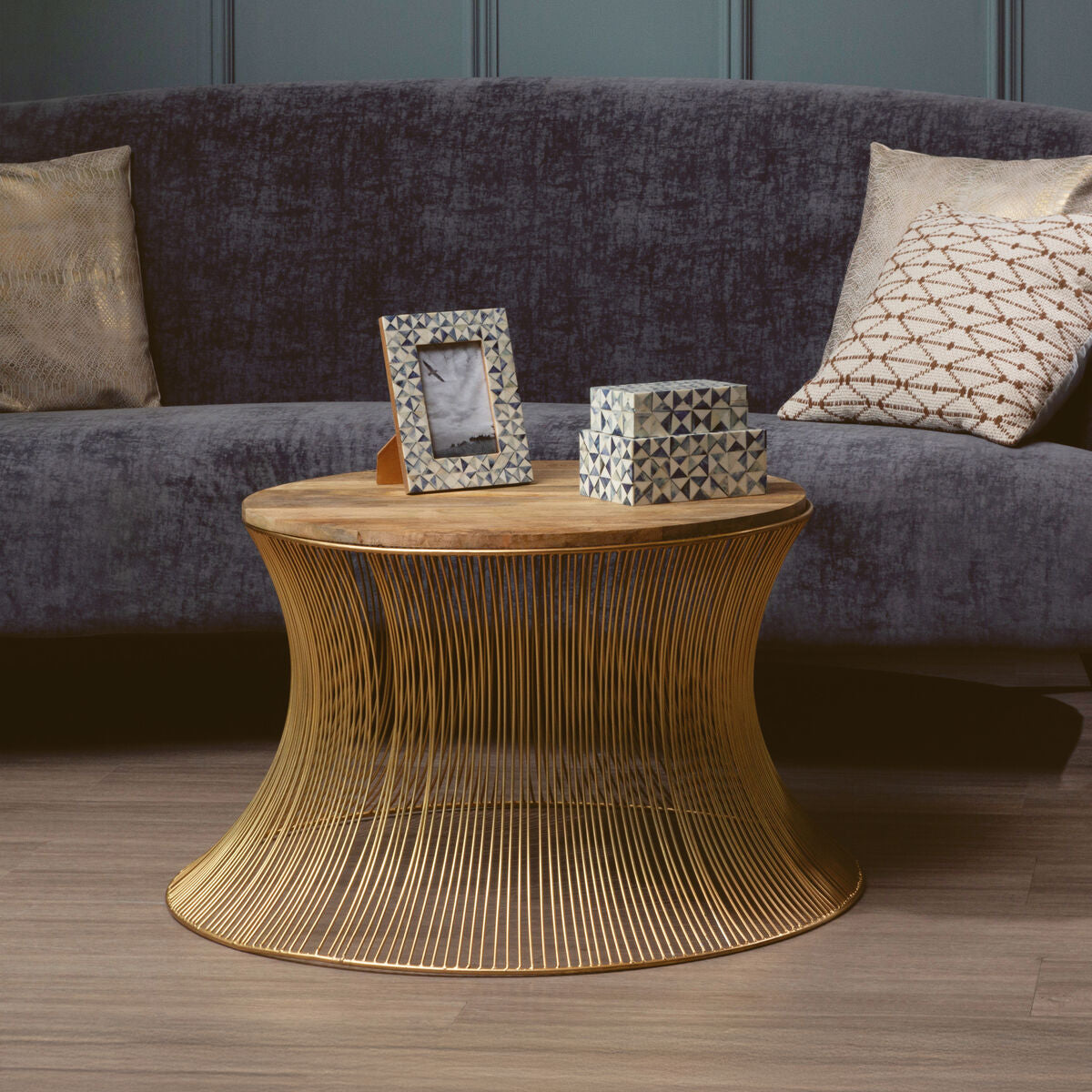 Gold Wooden Top Coffee Table with Metallic Hourglass Frame | Templar