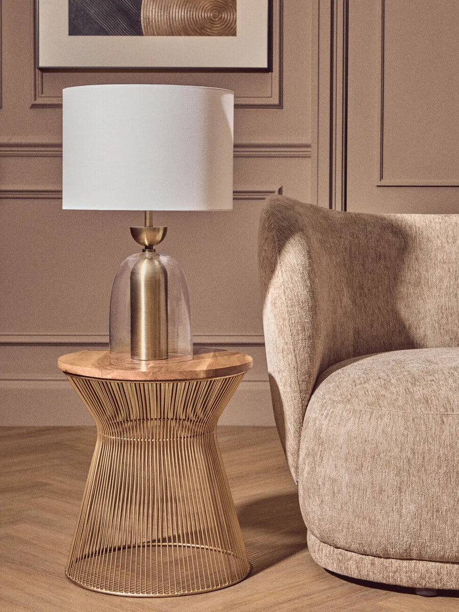 Natural Wood Top Small Coffee Table with Gold Open Wire Hourglass Design Base | Templar