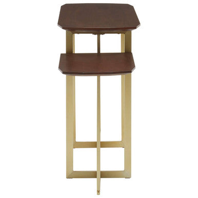 Brown Wood Multi Level 3 Tier Console Table with Gold Finish Metal Frame | Villi