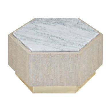 Villi White Marble and Oak Wood Hexagon Side Table