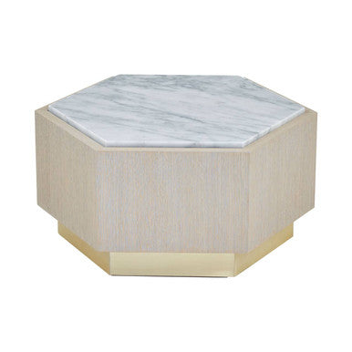 Villi White Marble and Oak Wood Hexagon Side Table