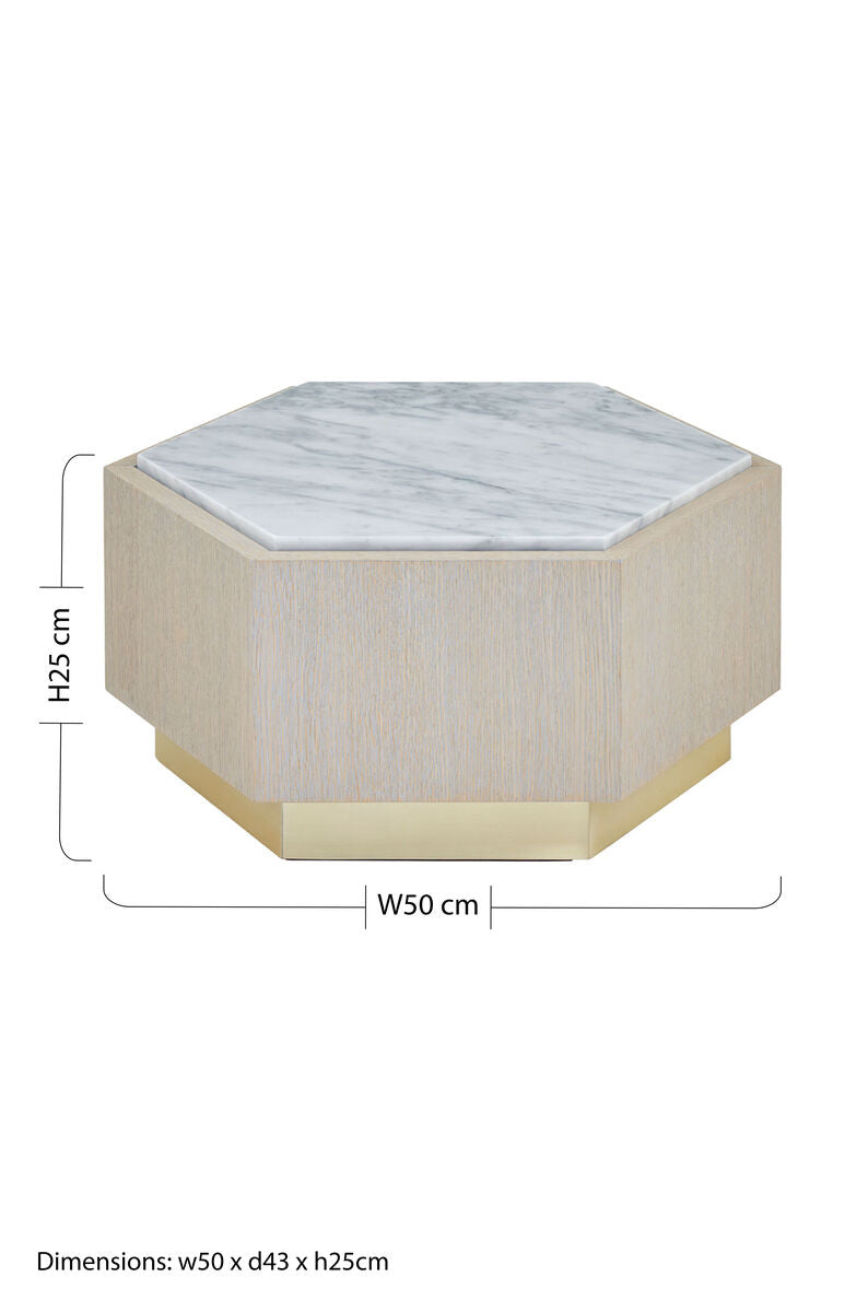 Villi White Marble and Oak Wood Hexagon Side Table