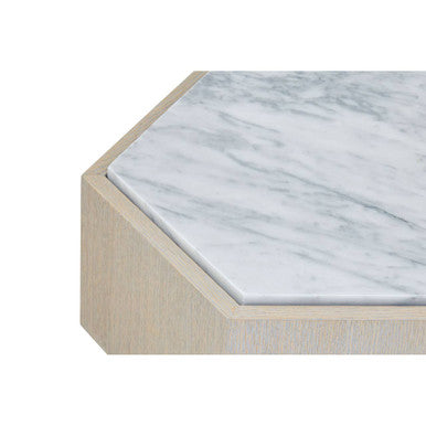 Villi White Marble and Oak Wood Hexagon Side Table