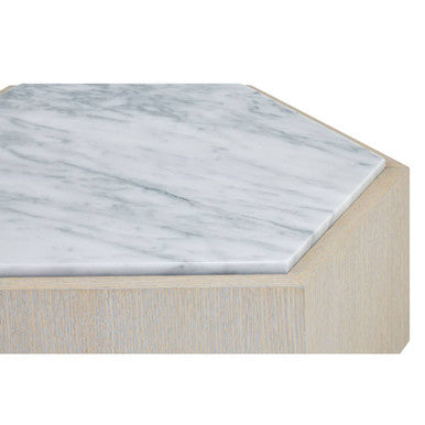 Villi White Marble and Oak Wood Hexagon Side Table