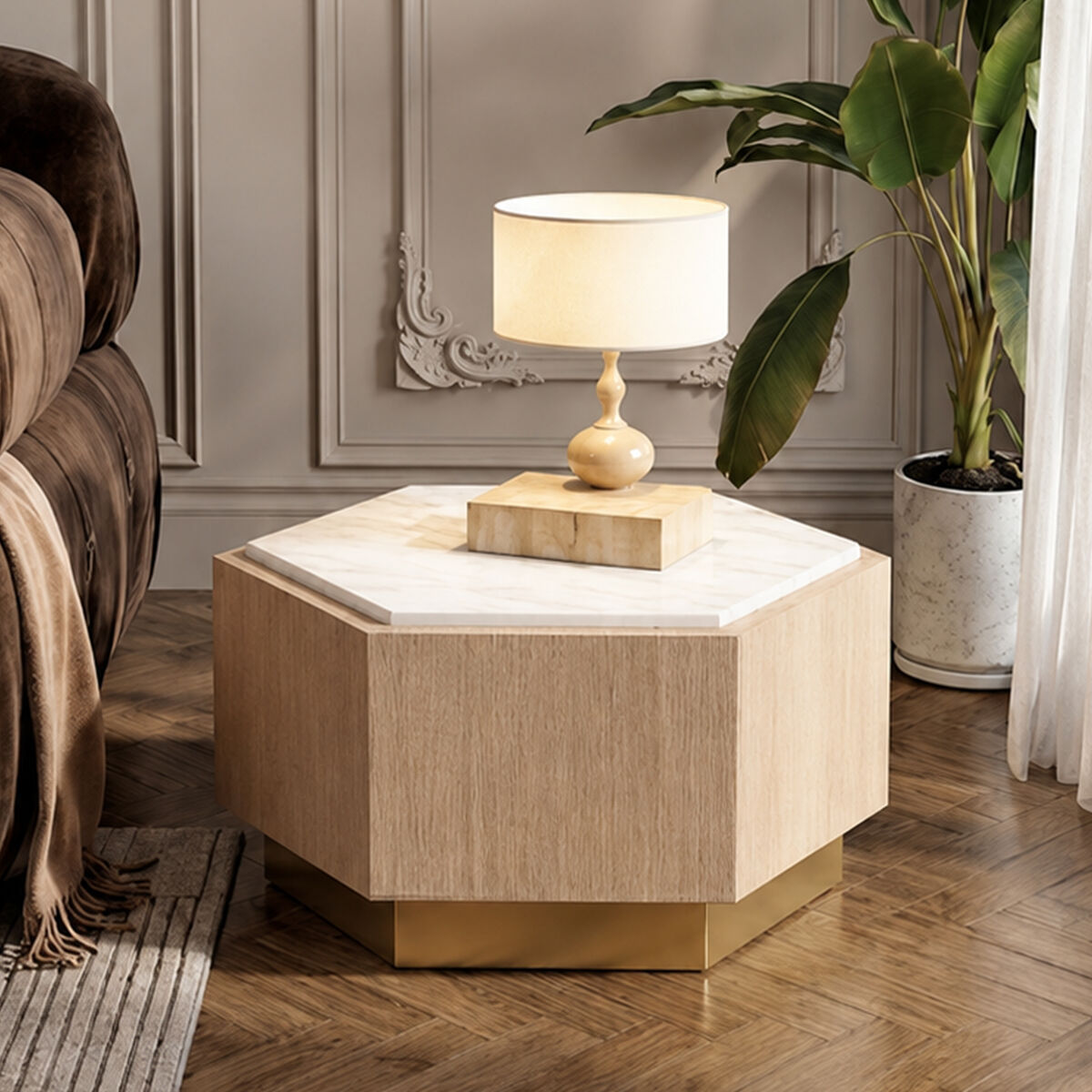 Villi White Marble and Oak Wood Hexagon Side Table