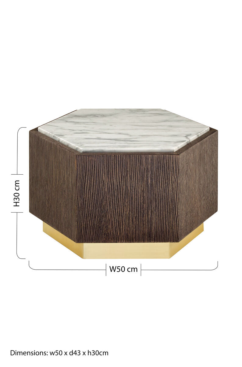 Villi White Marble and Dark Oak Veneer Hexagonal Side Table