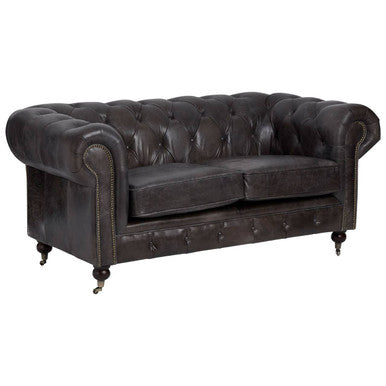 Victor Dark Grey Brown Leather 2 Seater Chesterfield Sofa