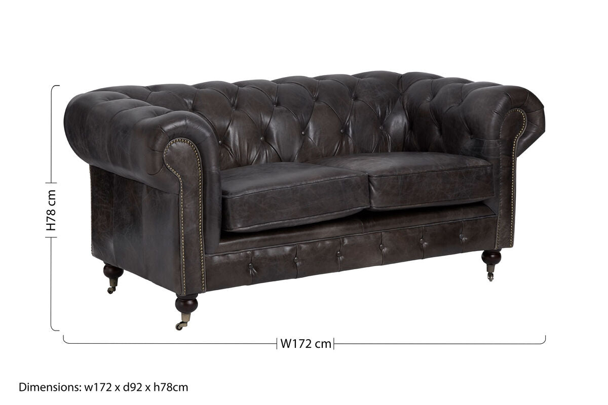 Victor Dark Grey Brown Leather 2 Seater Chesterfield Sofa