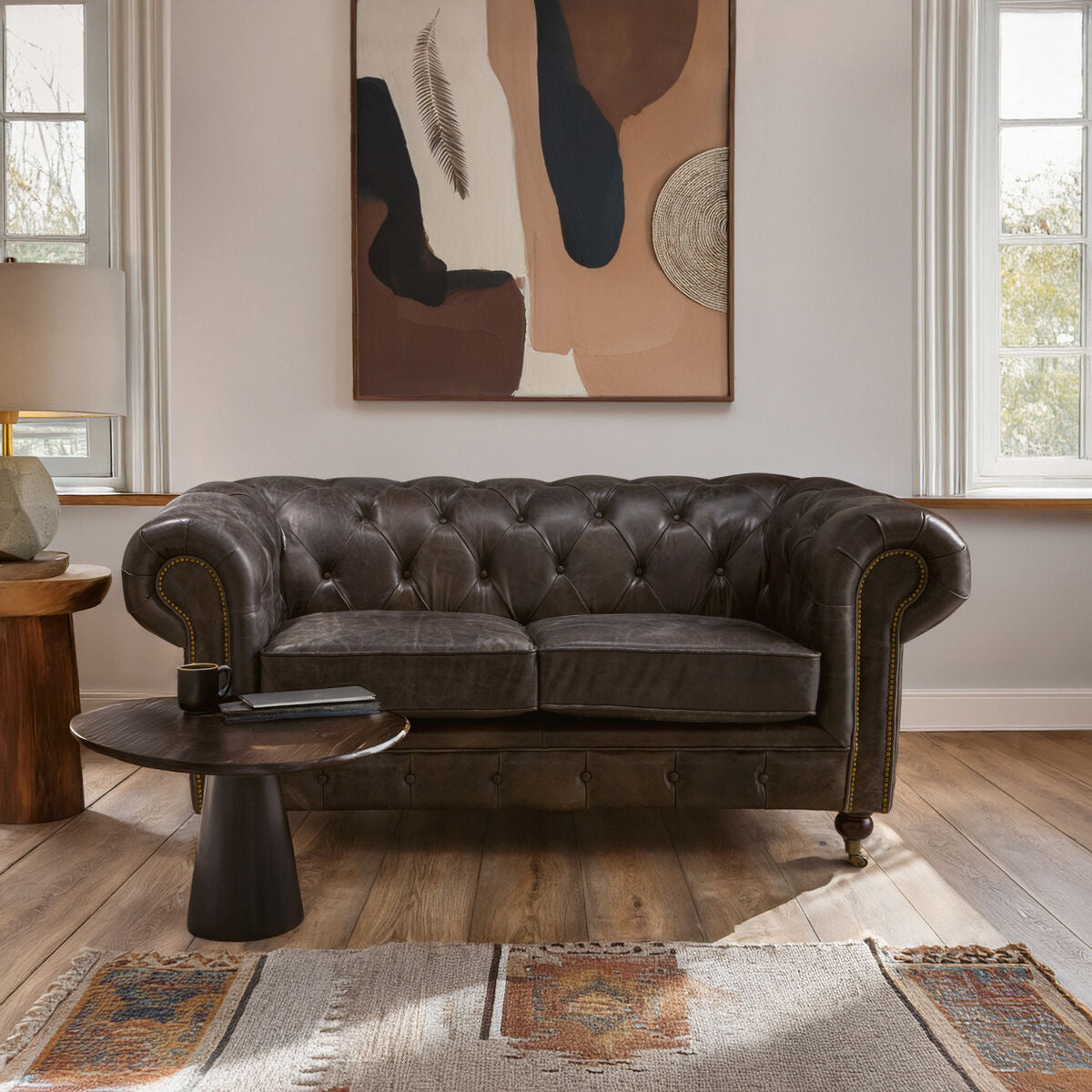 Victor Dark Grey Brown Leather 2 Seater Chesterfield Sofa