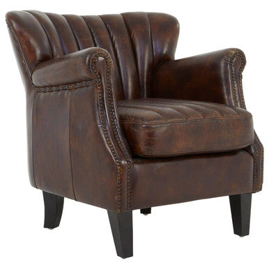 Victor Brown Leather Channel Tufted Winged Armchair
