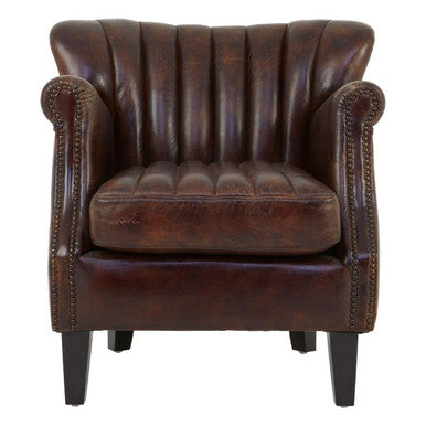 Victor Brown Leather Channel Tufted Winged Armchair