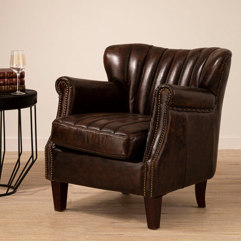 Victor Brown Leather Channel Tufted Winged Armchair