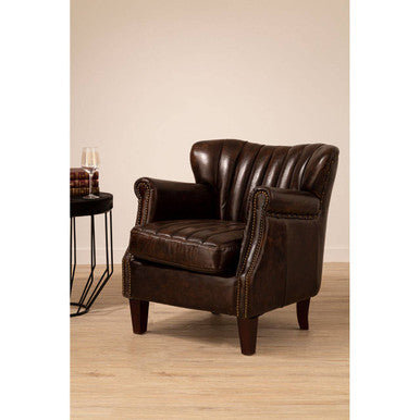Victor Brown Leather Channel Tufted Winged Armchair