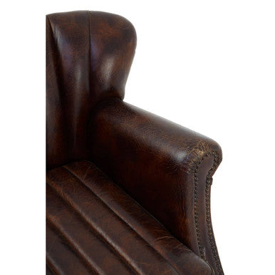 Victor Brown Leather Channel Tufted Winged Armchair