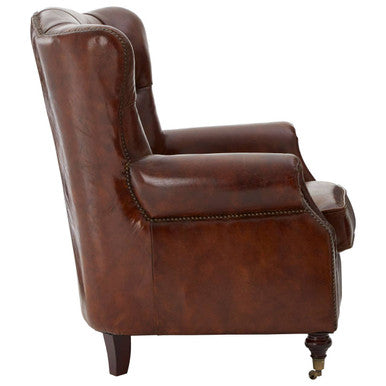 Victor Mocha Brown Leather Scroll Armchair with Button Tufted Backrest