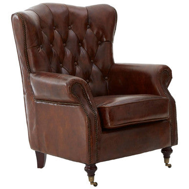 Victor Mocha Brown Leather Scroll Armchair with Button Tufted Backrest