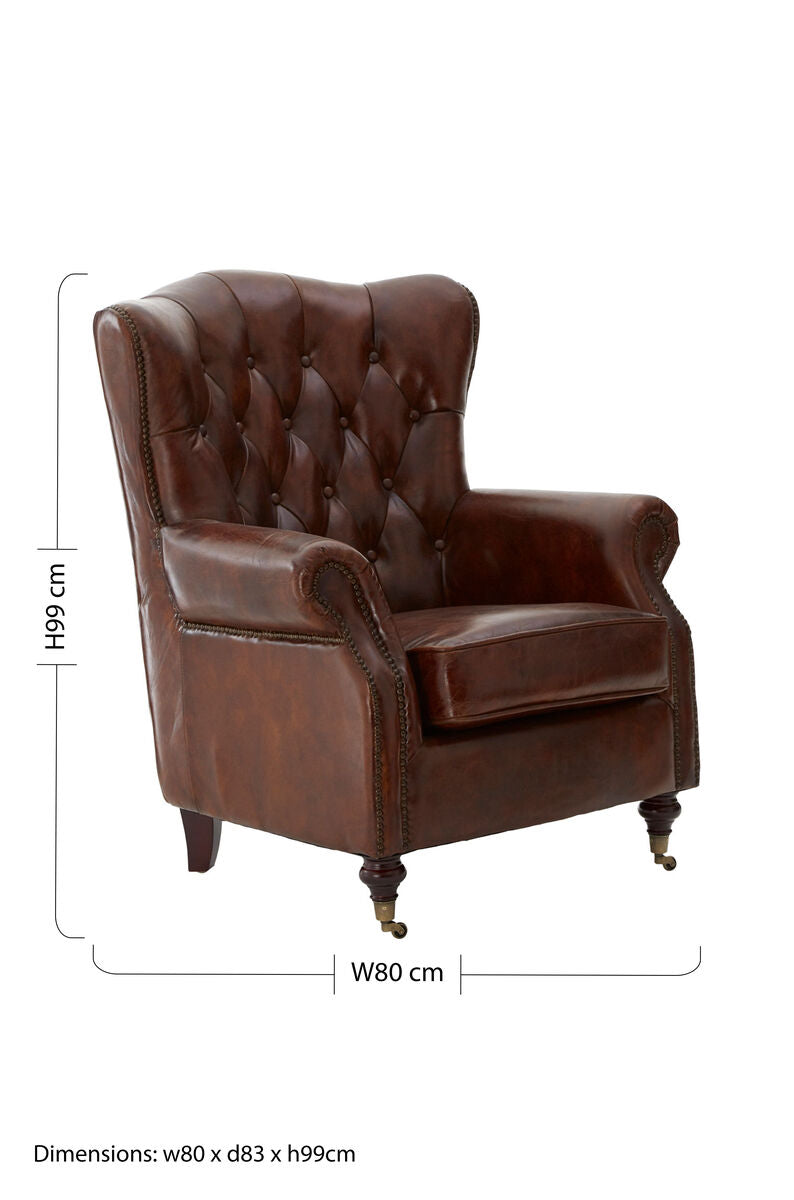 Victor Mocha Brown Leather Scroll Armchair with Button Tufted Backrest