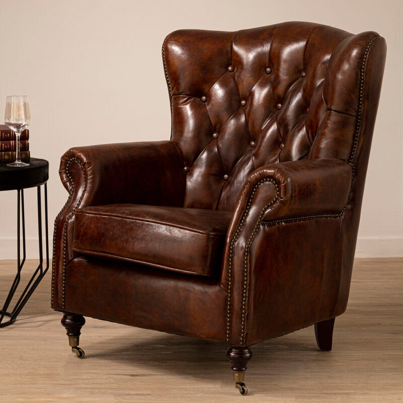 Victor Mocha Brown Leather Scroll Armchair with Button Tufted Backrest
