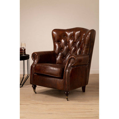 Victor Mocha Brown Leather Scroll Armchair with Button Tufted Backrest
