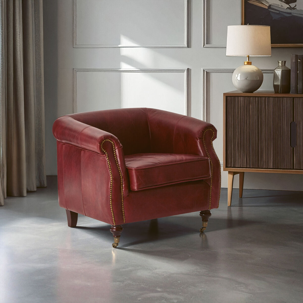 Victor Deep Red Leather Armchair with Rolled Arms