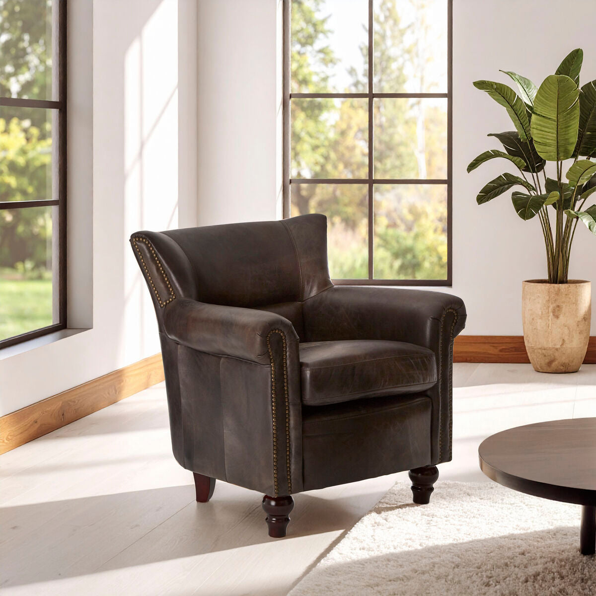 Victor Dark Grey Brown Leather Armchair with Studded Trim