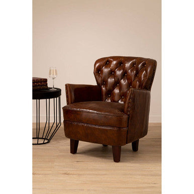 Victor Brown Leather Button Tufted Armchair