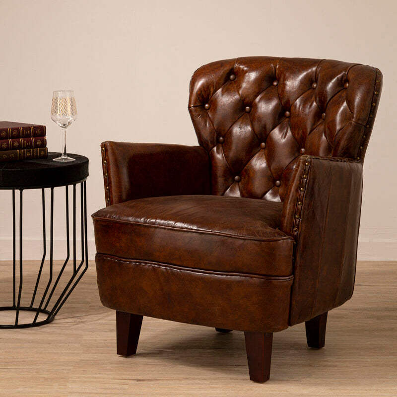 Victor Brown Leather Button Tufted Armchair