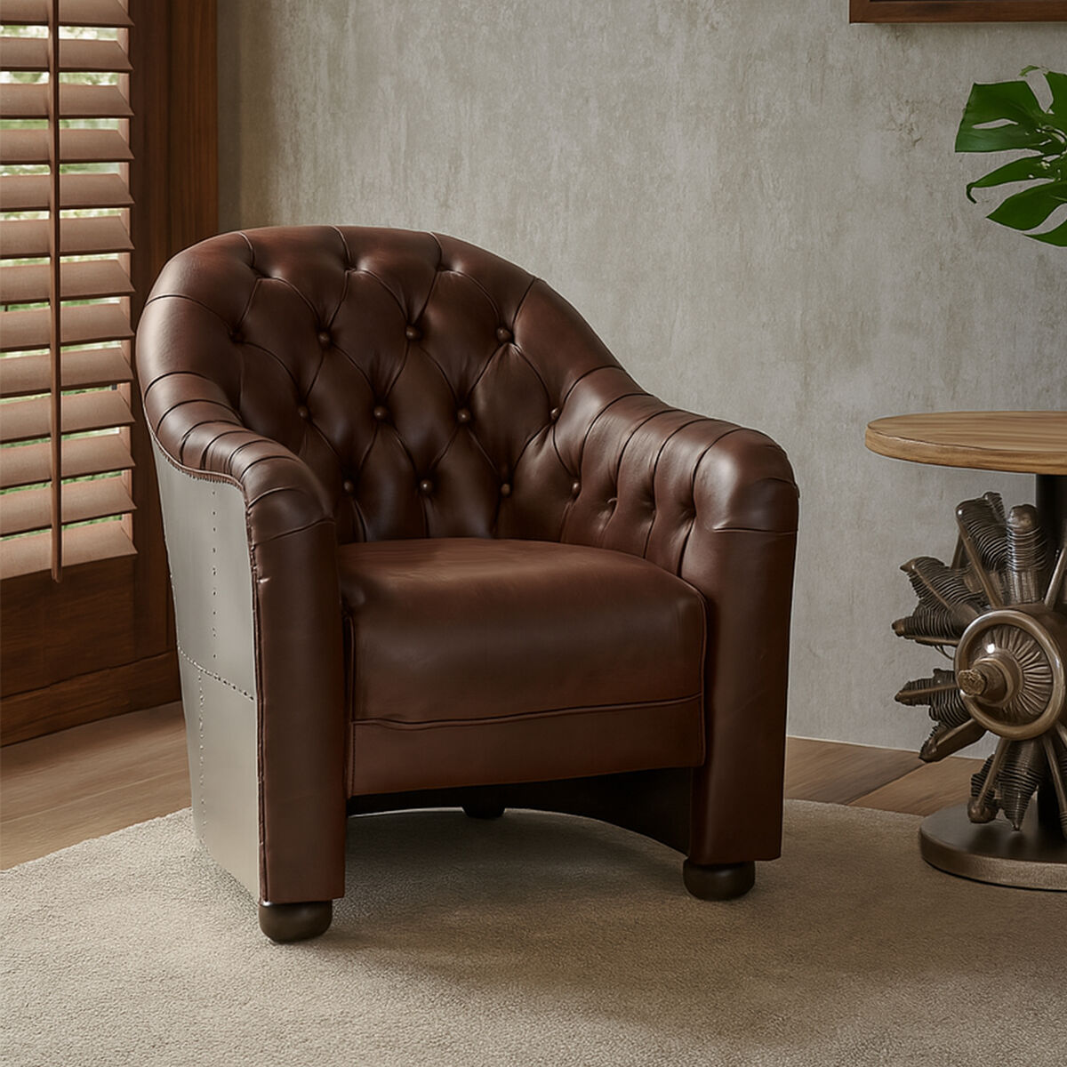 Victor Brown Leather Button Tufted Tub Chair