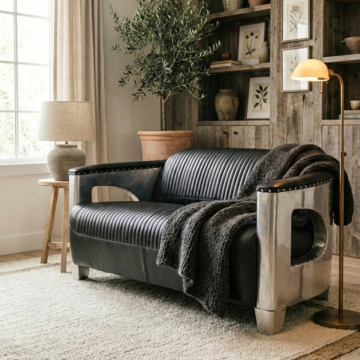 Victor Black Leather Channel Tufted 2 Seater Sofa