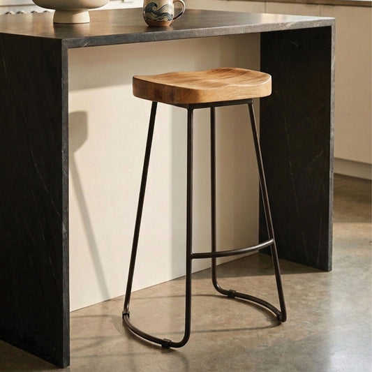 Lyon Natural Oak Wood Bar Stool with Black Finish Base