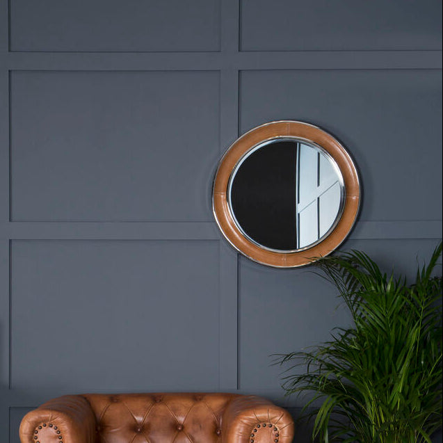 Tan Genuine Leather Round Wall Mirror | Churchill