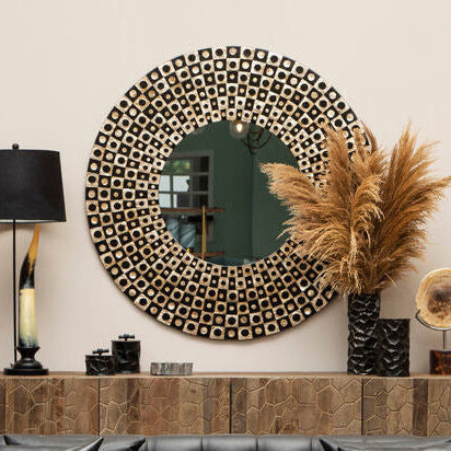 Round Black Wall Mirror with Shell Inlay | Palu