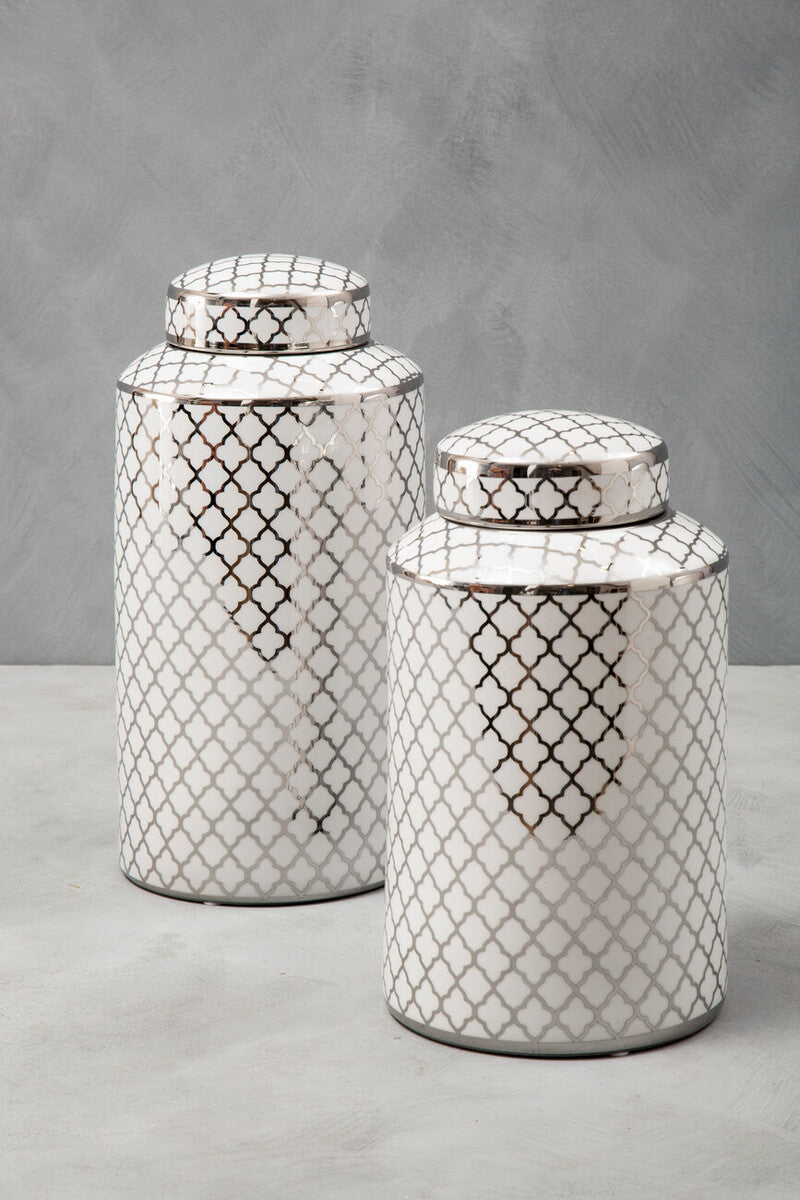 White and Silver Large Ceramic Jar | Renne