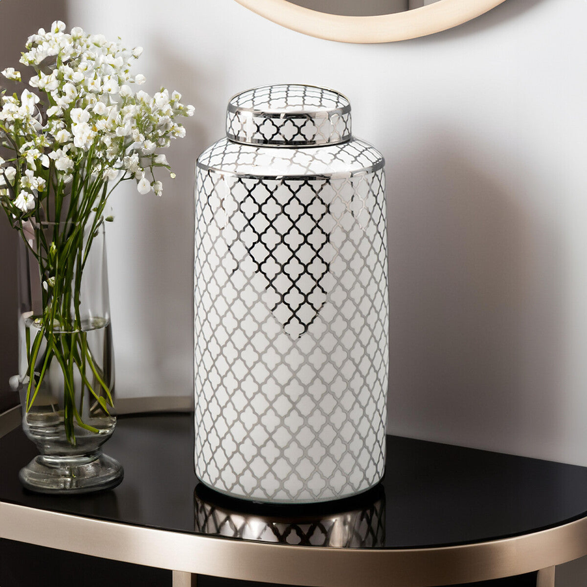 White and Silver Large Ceramic Jar | Renne