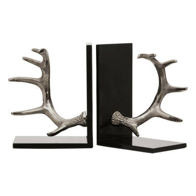 Antler Silver Metal Bookend Set of 2 with Black Marble Bases